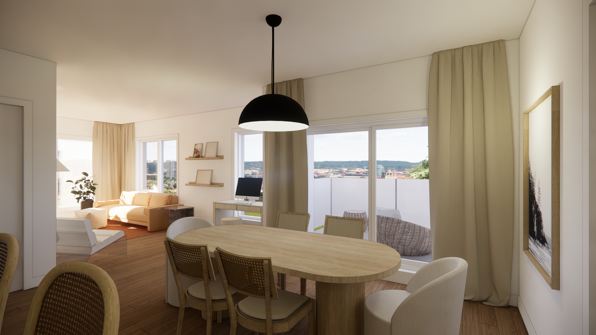 Vue intérieure d'un salon et d'une salle à manger lumineux et modernes. Une grande table ovale en bois occupe le centre de la pièce, entourée de chaises blanches et en rotin. De grandes baies vitrées offrent une vue panoramique sur une ville et des collines au loin. Un salon confortable avec un canapé orange est visible à l'arrière-plan, ainsi qu'une cuisine ouverte.
