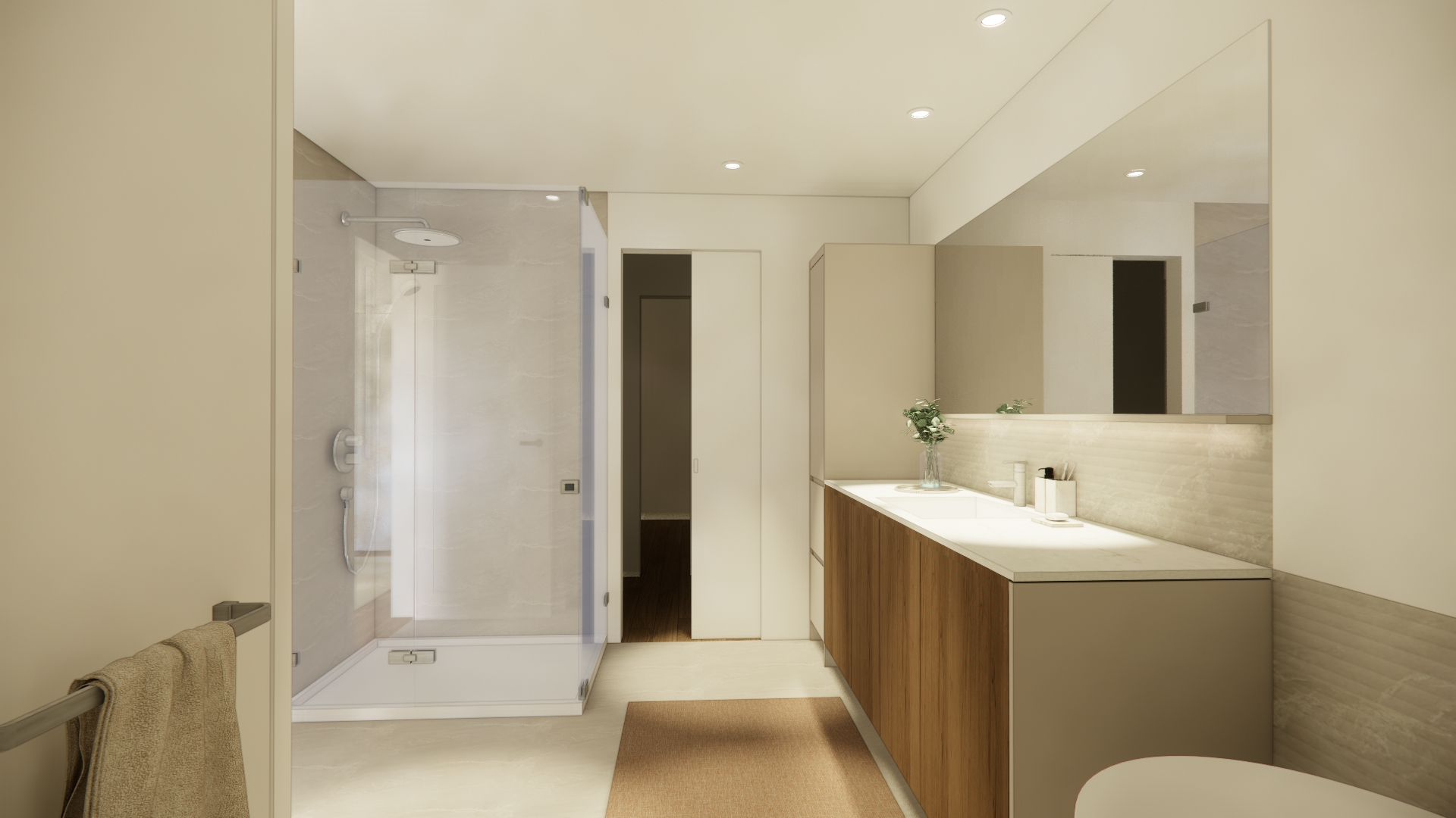 Une salle de bains moderne et lumineuse avec une douche spacieuse en verre, une grande vasque avec un miroir et des rangements en bois.