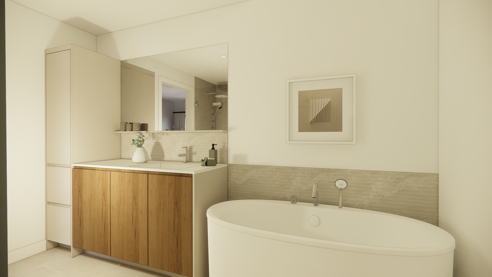 Une salle de bains moderne et lumineuse avec une baignoire autoportante, une vasque avec miroir, des armoires en bois et une œuvre d'art géométrique encadrée.