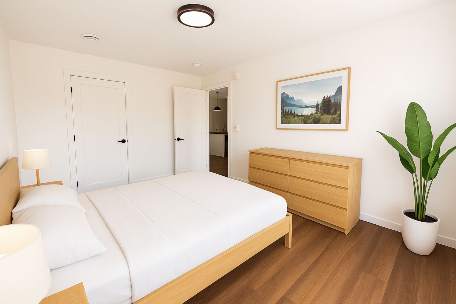 Vue d'une chambre à coucher moderne avec un lit double en bois clair et une commode assortie. La pièce a des murs blancs, un plancher en bois et une plante verte en pot. Une porte s'ouvre sur un autre espace, et deux portes de placard sont visibles sur le mur du fond. Un tableau représentant un paysage de lac et de montagnes est accroché au mur au-dessus de la commode.