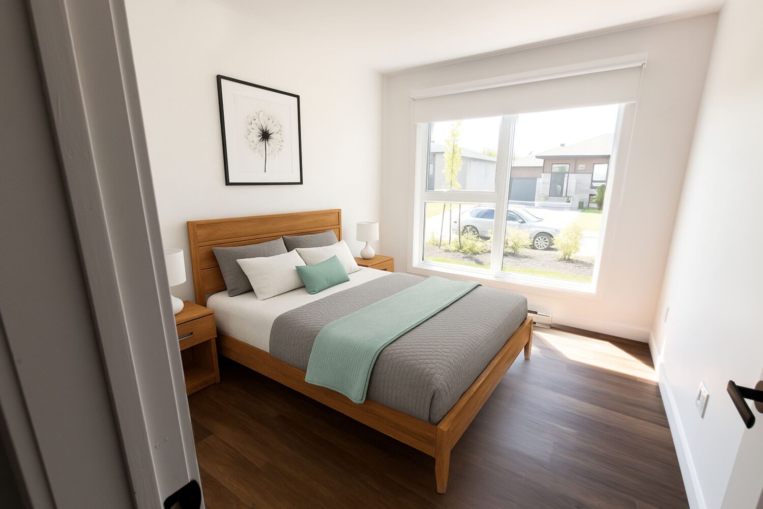 Vue d'une chambre à coucher moderne avec un lit double en bois clair. La literie grise et blanche est rehaussée d'une couverture et d'un oreiller d'appoint de couleur sarcelle. Deux tables de chevet assorties avec des lampes sont de chaque côté du lit. Un grand tableau avec un pissenlit est accroché au-dessus de la tête de lit. Une grande fenêtre donne sur un quartier résidentiel avec une voiture garée.